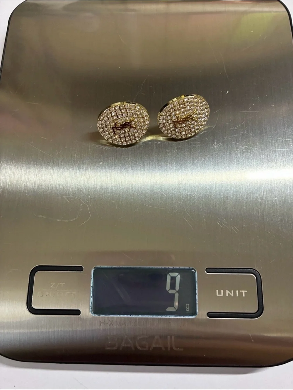 Yves Saint Laurent Gold Crystal Monogram Oval Button Earrings - Gold